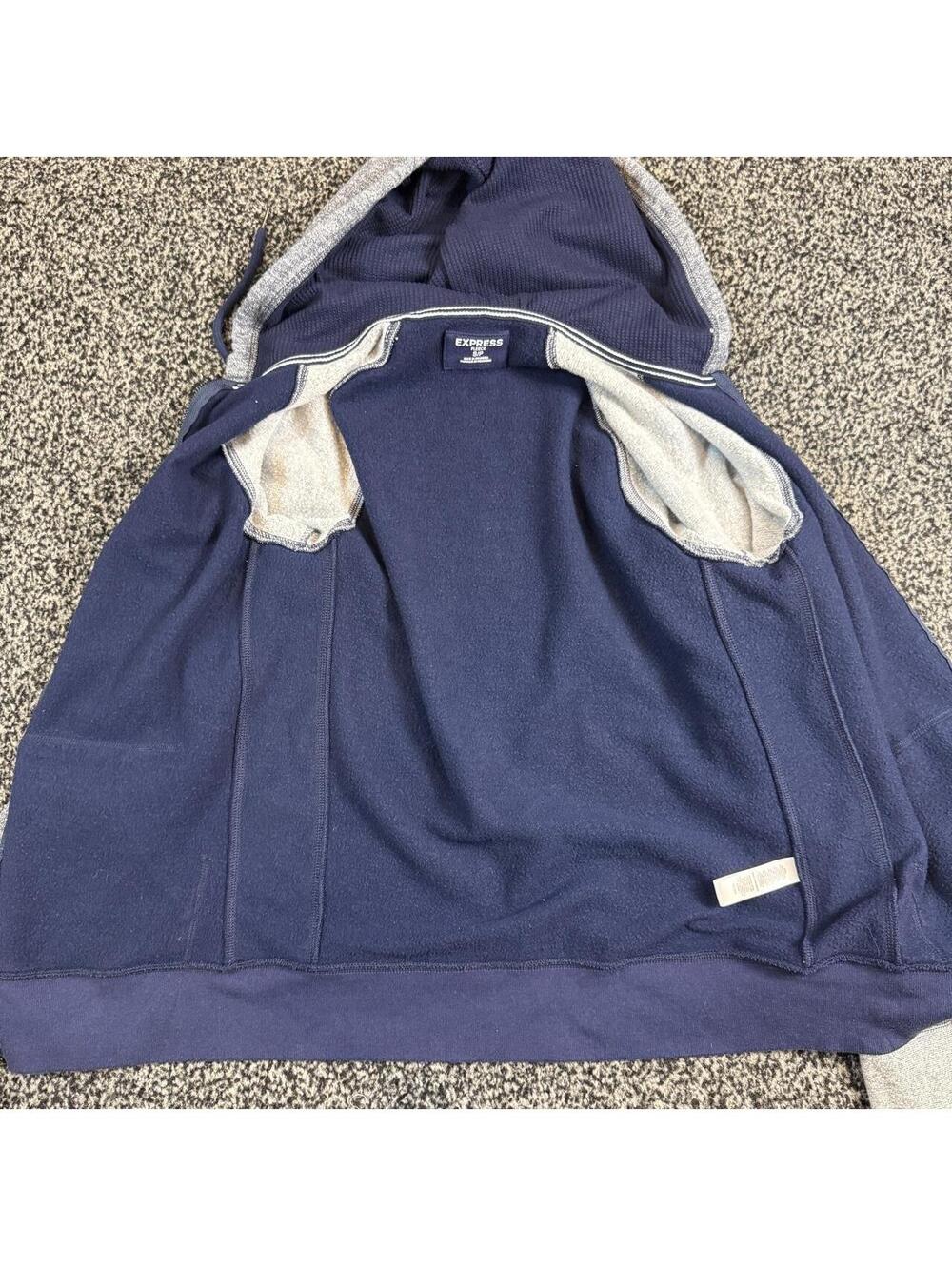 Express navy blue zip up hoodie with gray sleeves, size S